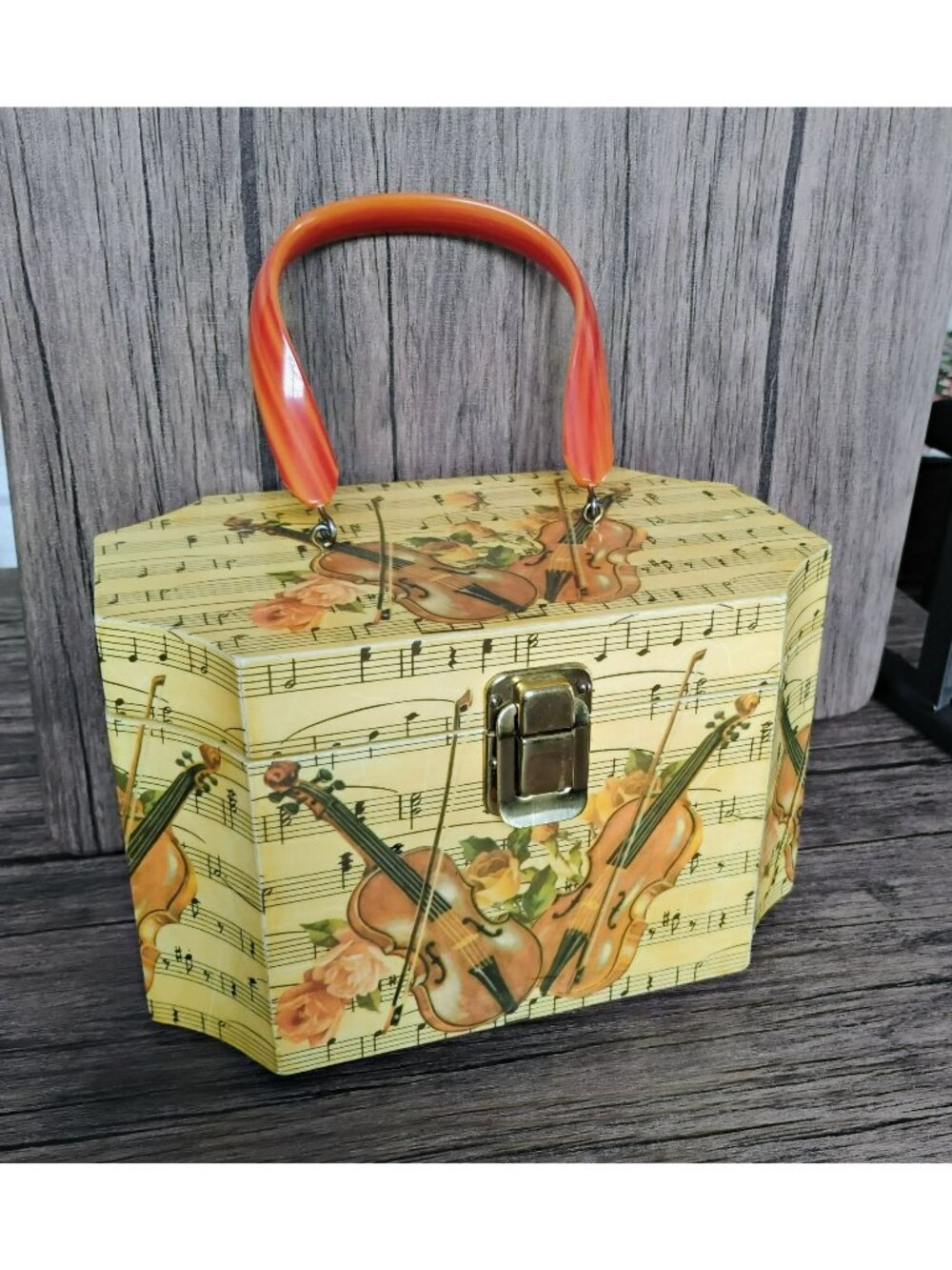 Vintage Decoupage Wood Box Purse with Bakelite Handle, Music Violins Design Case
